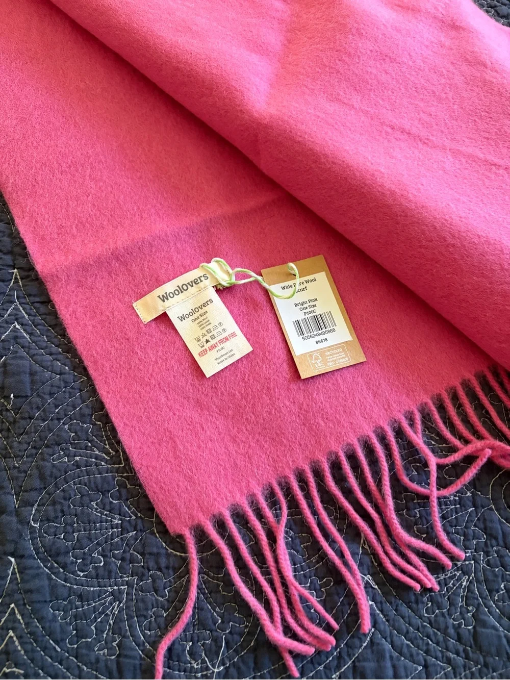 NWT WoolOvers Women’s Pink Fringe Scarf - Classic Wrap 100% Wool